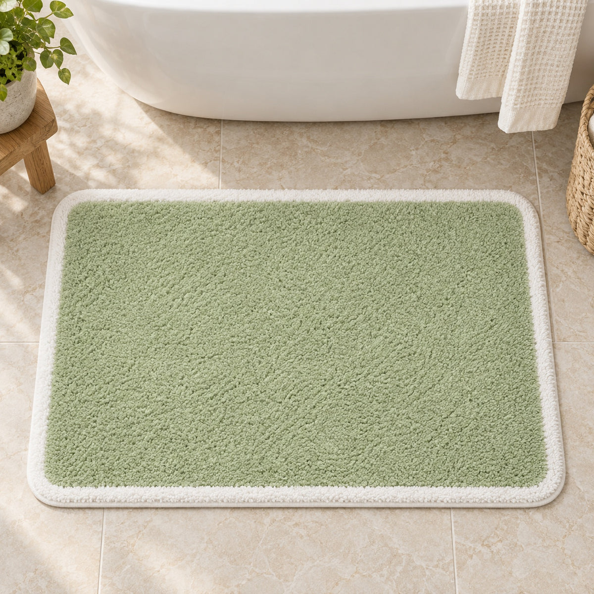 Feblilac Green with White Border tufted bath mat in front of a bathroom vanity with fresh towels