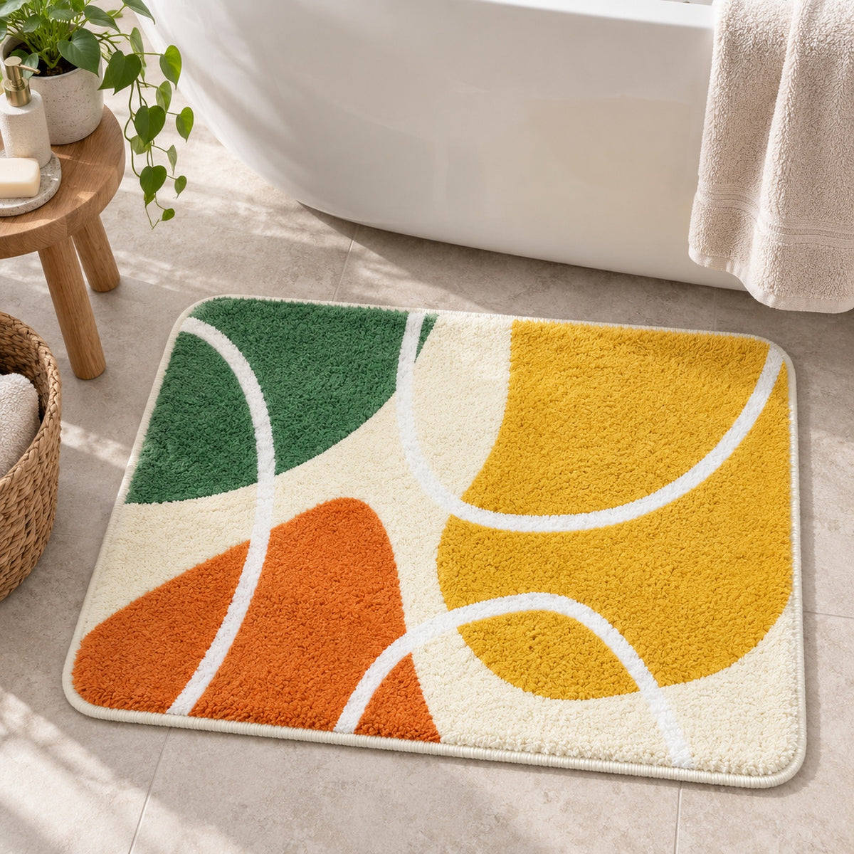 Feblilac Red Yellow Green Abstract Curves tufted bath mat in front of a bathroom vanity with fresh towels