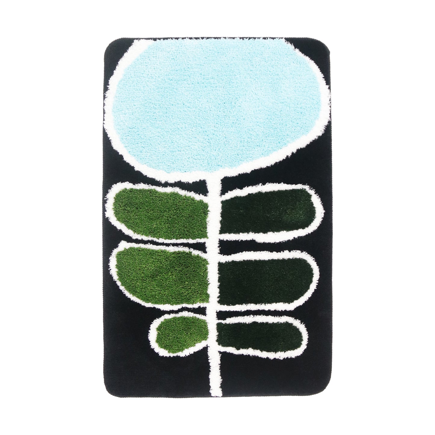 Feblilac Blue Green Black Leaves and Flower Bath Mat