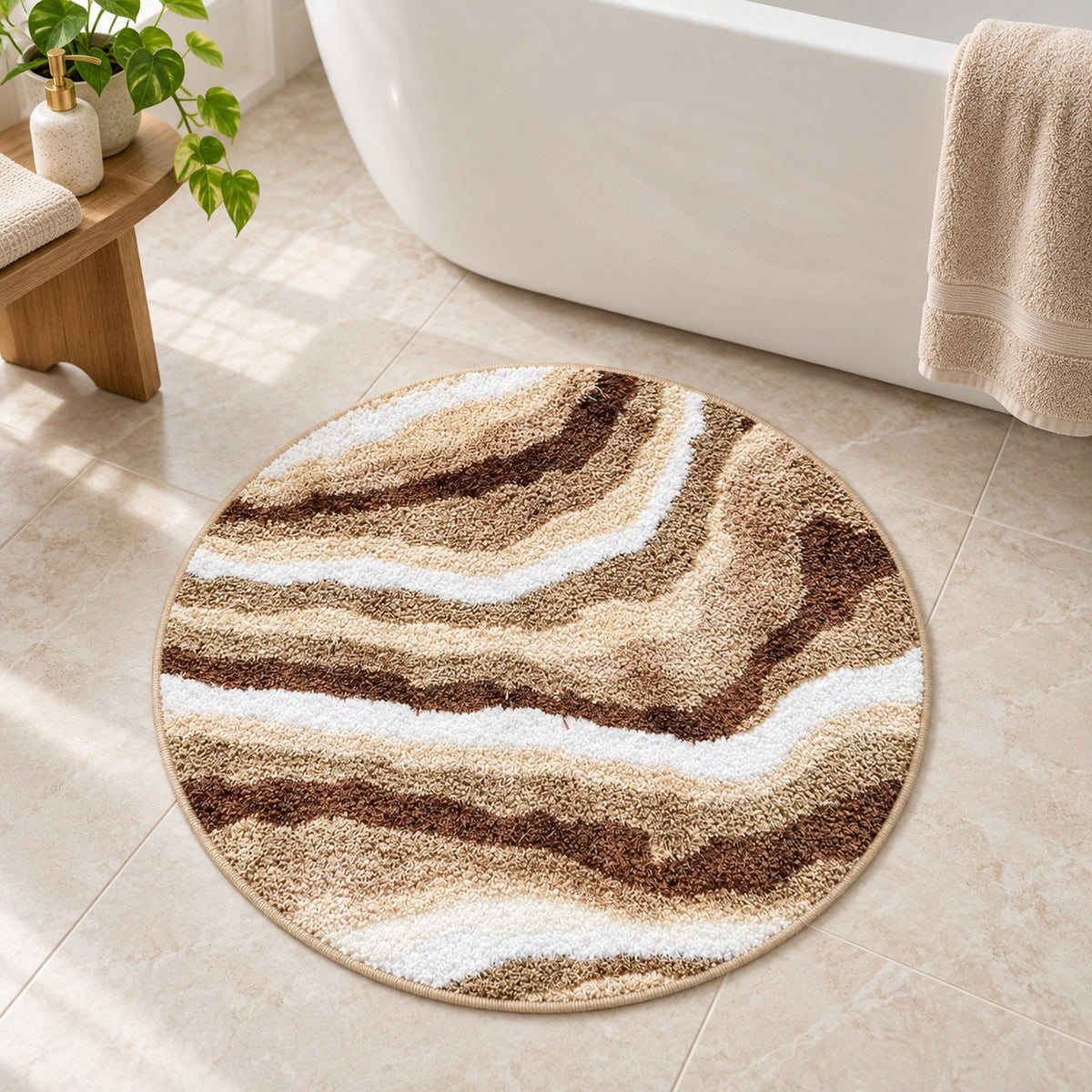 Feblilac Jupiter Marble Round tufted bath mat in front of the bathtub in natural light
