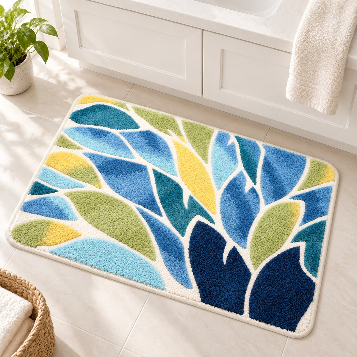 Feblilac Blue and Green Leaves Tufted Bath Mat – Botanical Bathroom Rug beside a white bathroom vanity with towels