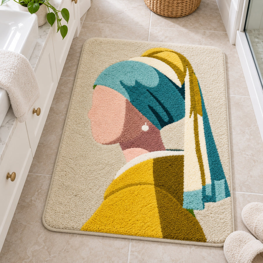Feblilac Girl with a Pearl Earring tufted bath mat in front of a bathroom vanity with fresh towels