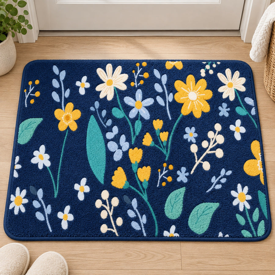 Feblilac Flower Pattern tufted bath mat in front of a bathroom vanity with fresh towels