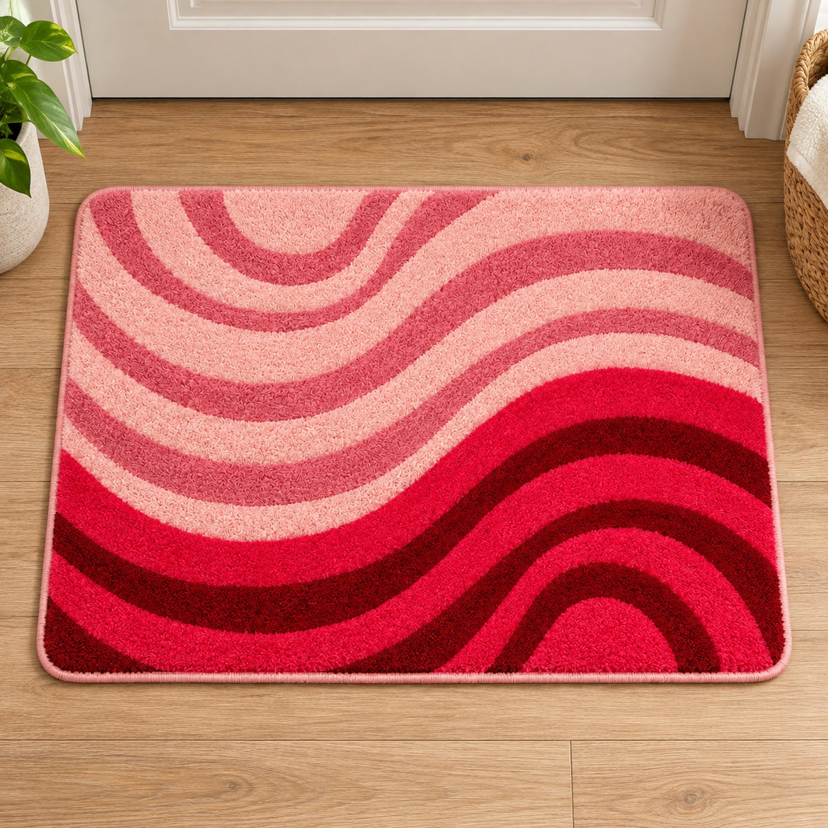 Feblilac Minimal Abstract Curves tufted bath mat on a wood floor next to a soaking tub