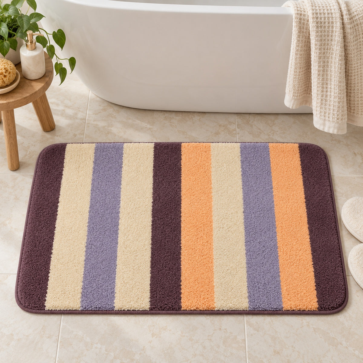 Feblilac Orange and Purple Stripes tufted bath mat on a wood floor next to a soaking tub