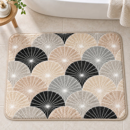Feblilac Japanese Ginkgo Wave tufted bath mat on a light wood floor at the doorway