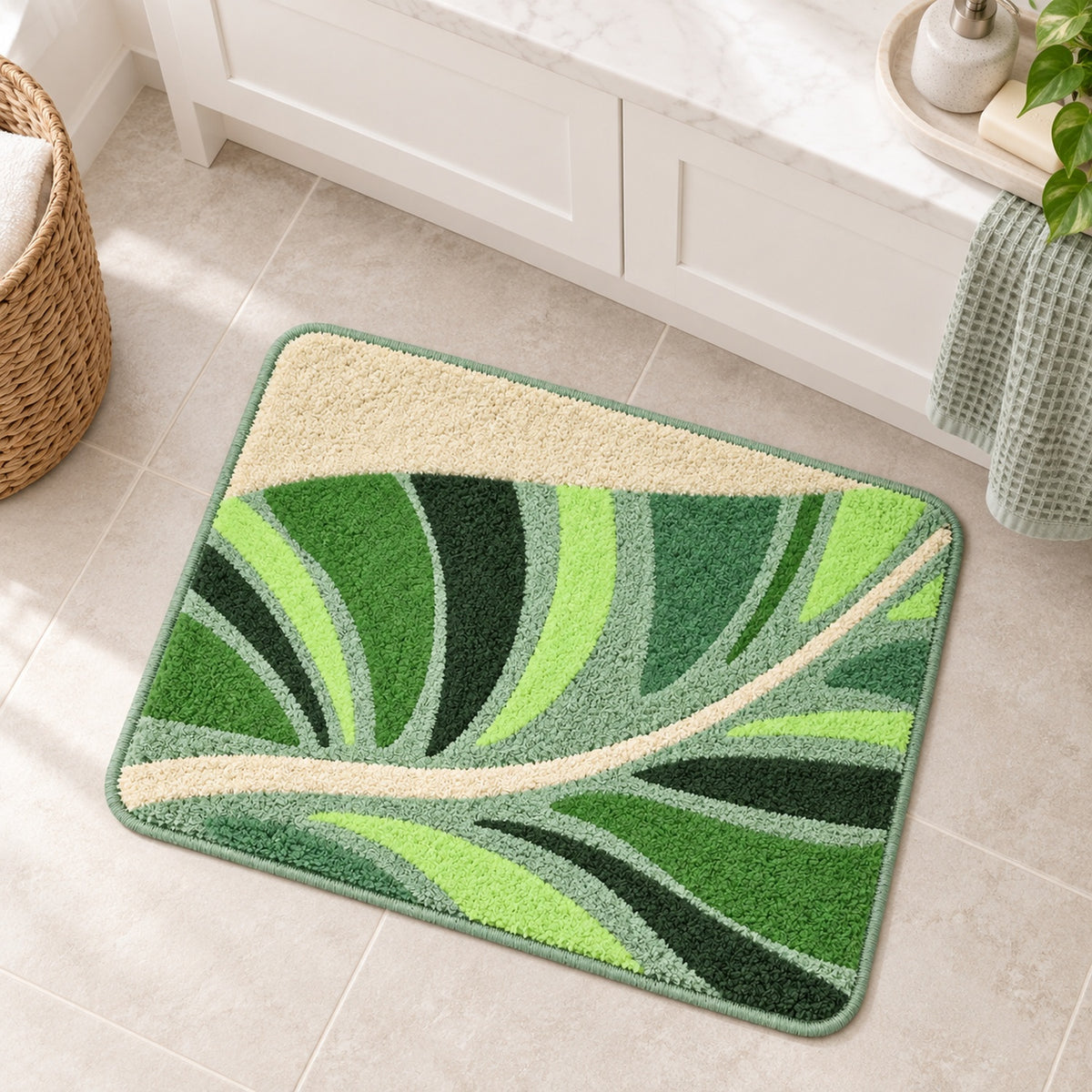 Feblilac Flowing Green Leaves tufted bath mat on a wood floor next to a soaking tub