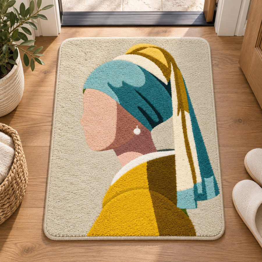 Feblilac Girl with a Pearl Earring tufted bath mat on a wood floor next to a soaking tub