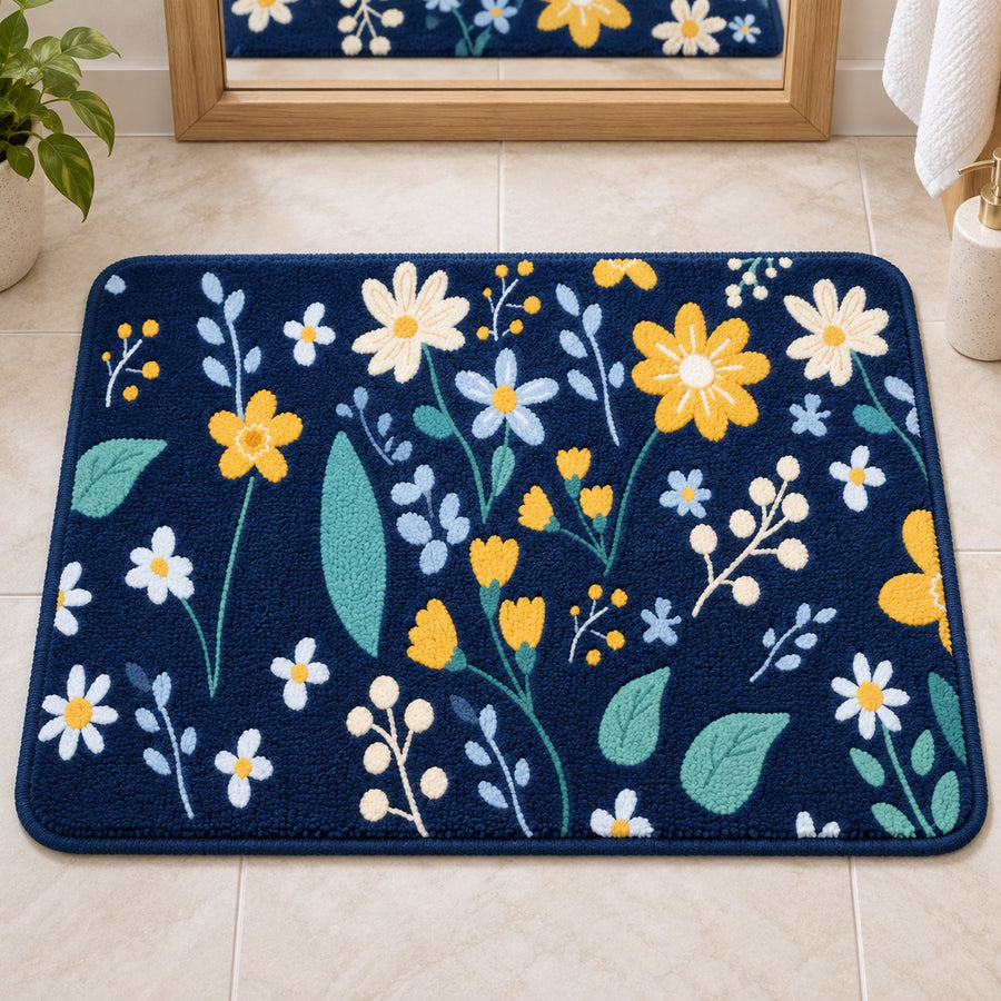Feblilac Flower Pattern tufted bath mat on a wood floor next to a soaking tub