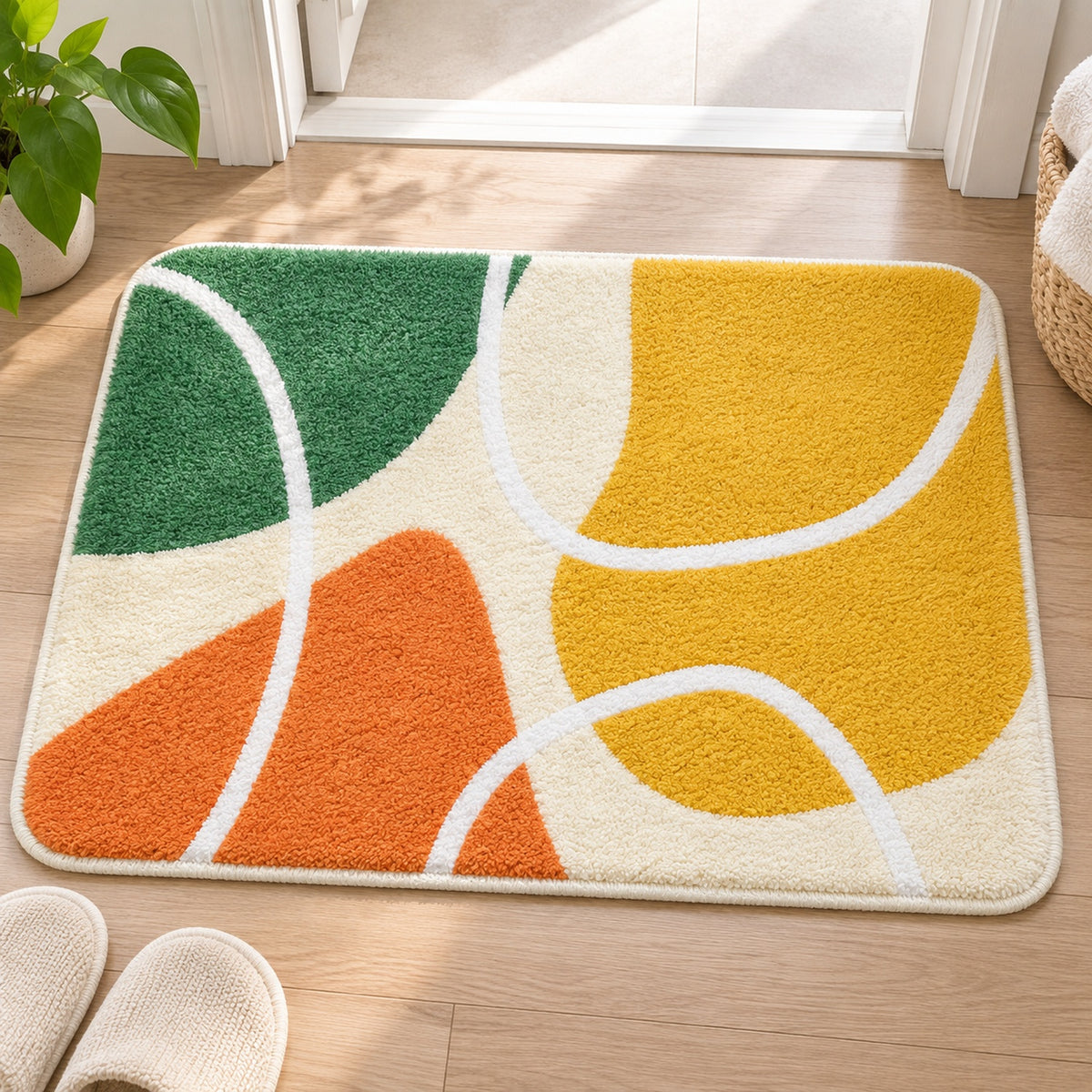 Feblilac Red Yellow Green Abstract Curves tufted bath mat on a wood floor next to a soaking tub