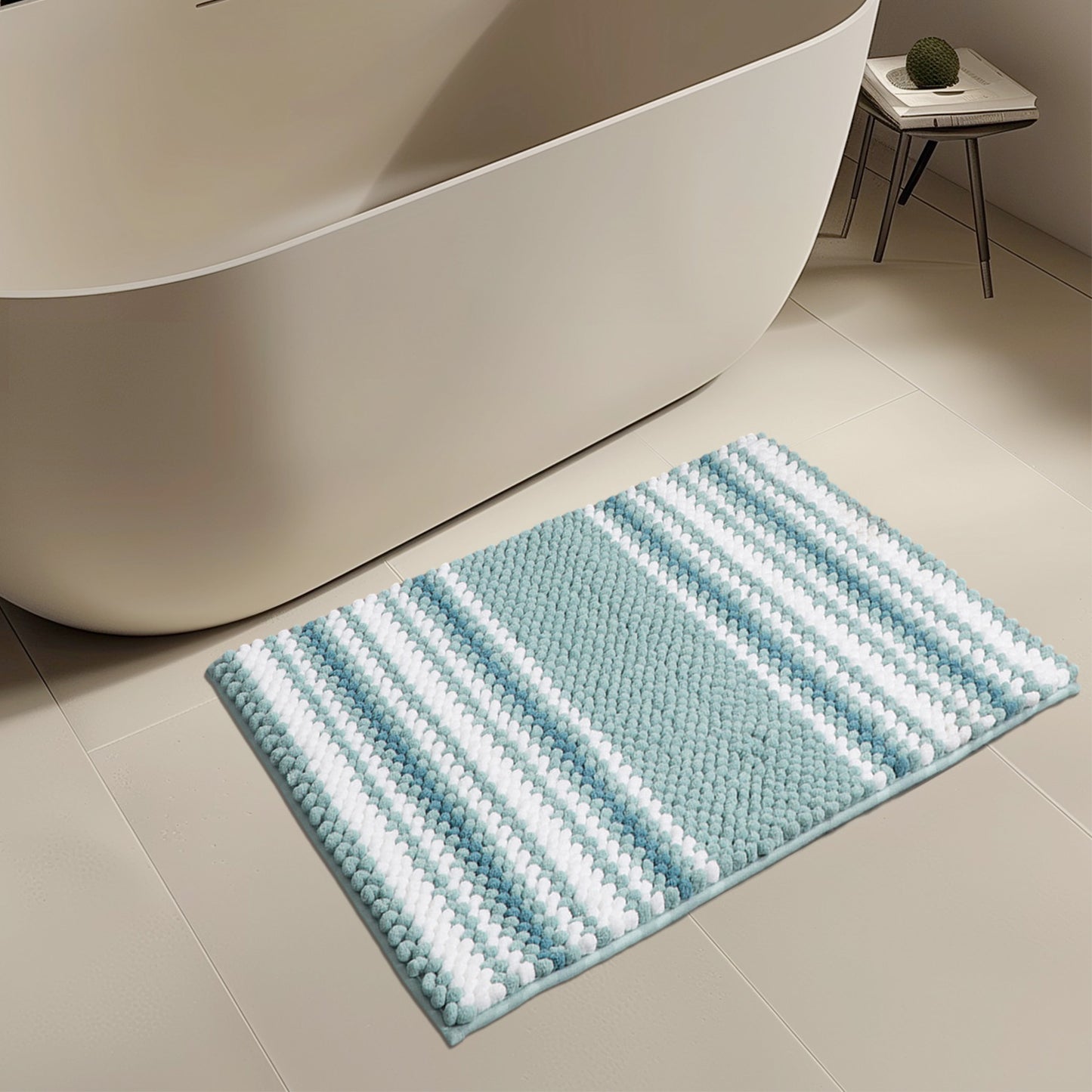 Feblilac Green, Blue and White Chenille Non-Slip Microfiber Shag Bathroom Rug Mat