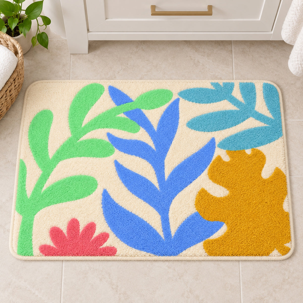 Feblilac Colorful Tropical Leaves tufted bath mat in a sunny bathroom with a potted plant