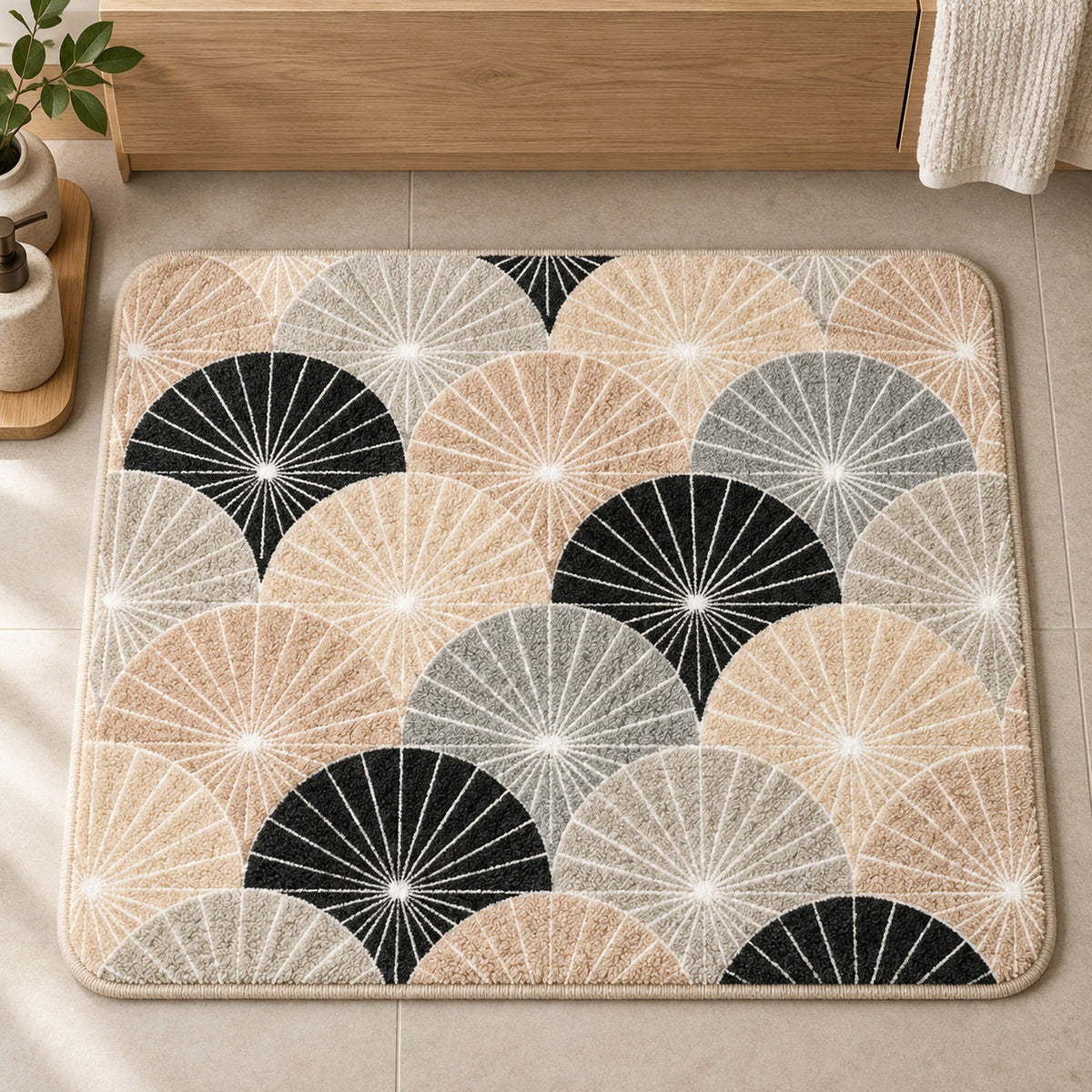 Feblilac Japanese Ginkgo Wave tufted bath mat in a bright bathroom with a potted plant