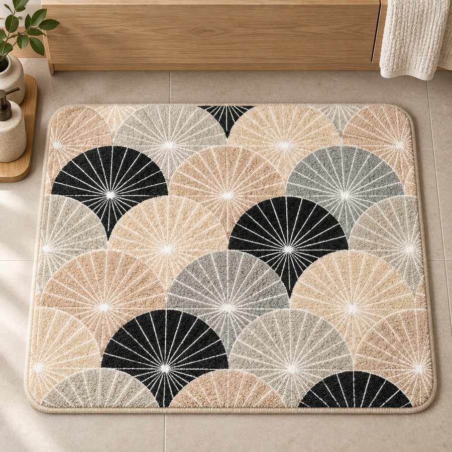 Feblilac Japanese Ginkgo Wave tufted bath mat in a bright bathroom with a potted plant