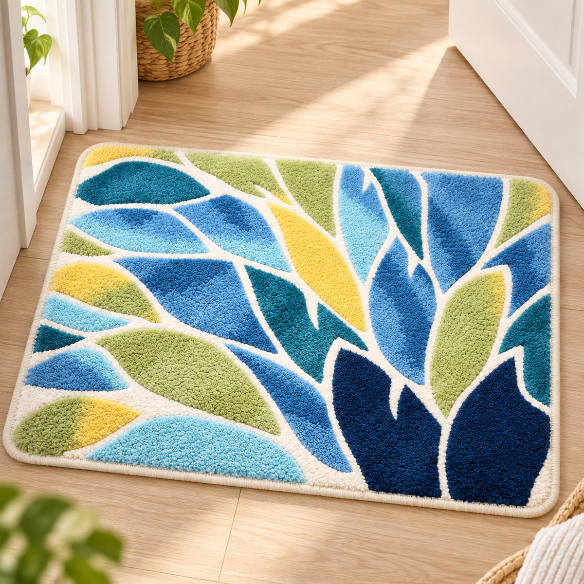 Feblilac Blue and Green Leaves Tufted Bath Mat – Botanical Bathroom Rug on a light wood bathroom floor with a plant