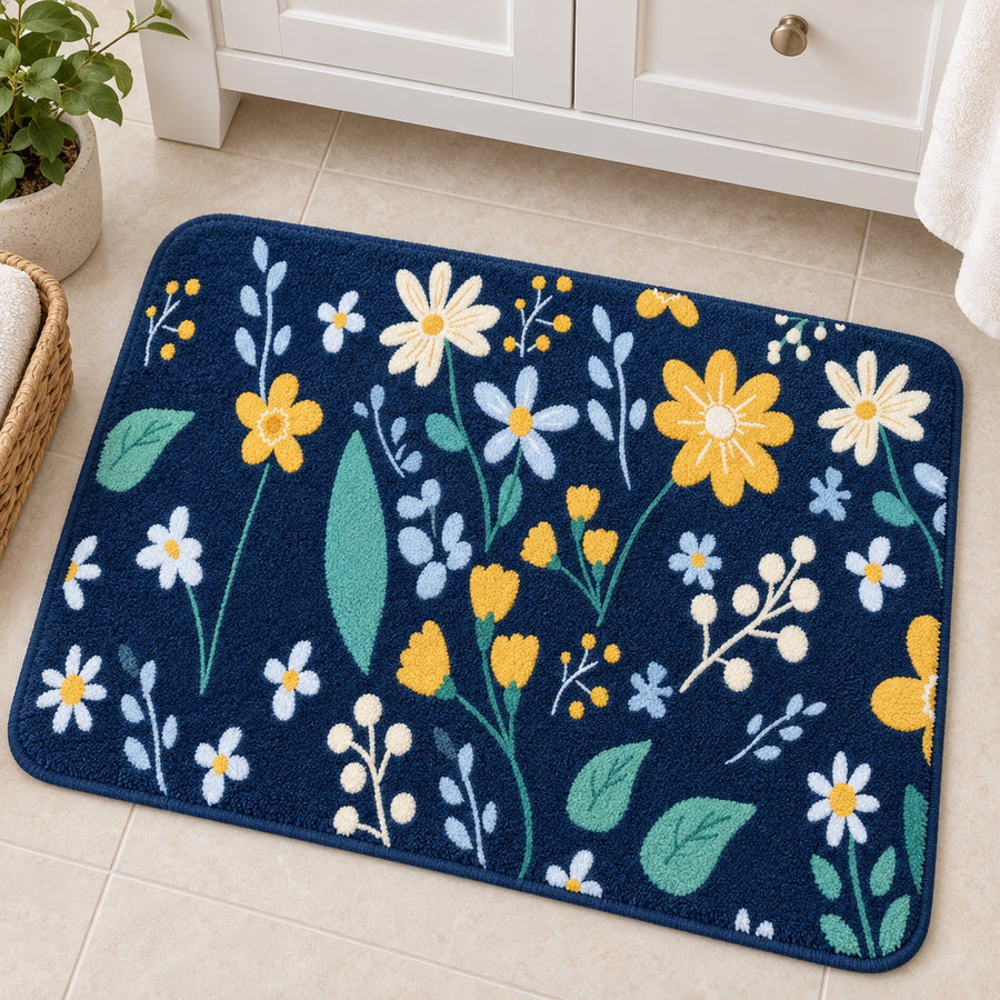 Feblilac Flower Pattern tufted bath mat in a sunny bathroom with a potted plant
