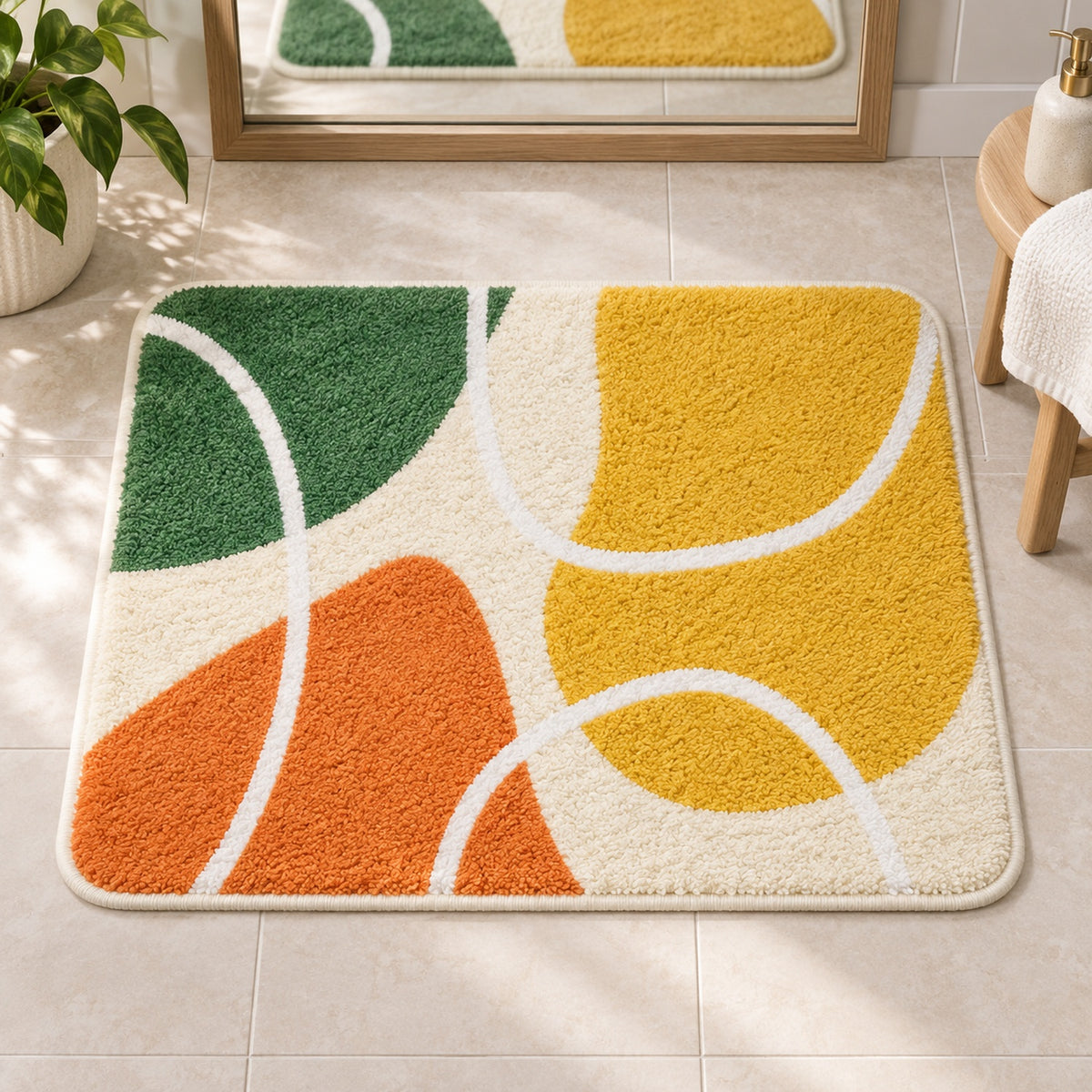 Feblilac Red Yellow Green Abstract Curves tufted bath mat in a sunny bathroom with a potted plant