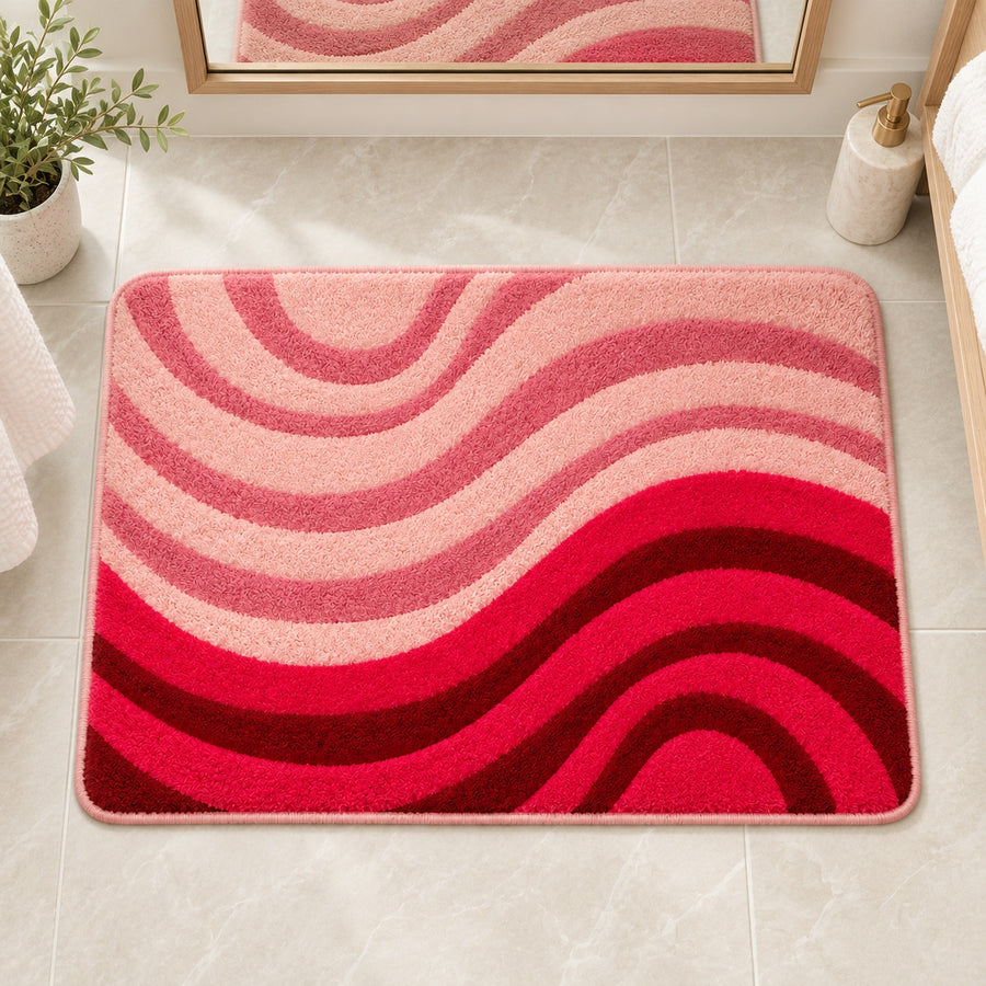 Feblilac Minimal Abstract Curves tufted bath mat in a sunny bathroom with a potted plant