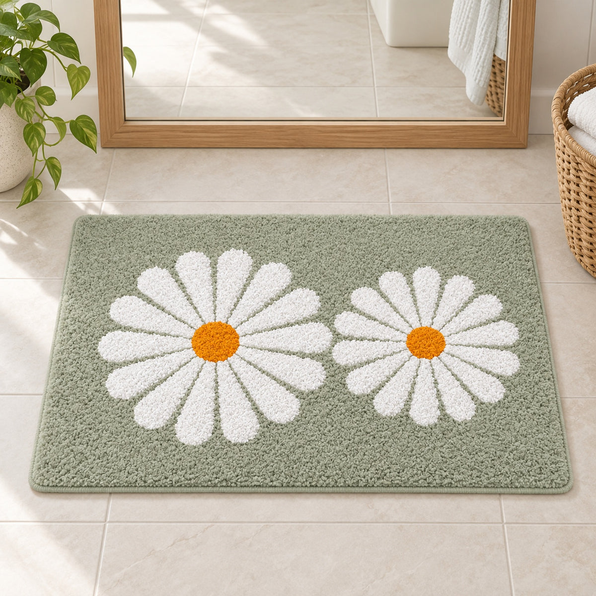 Feblilac Green Daisy Duo tufted bath mat in a bright bathroom with a potted plant