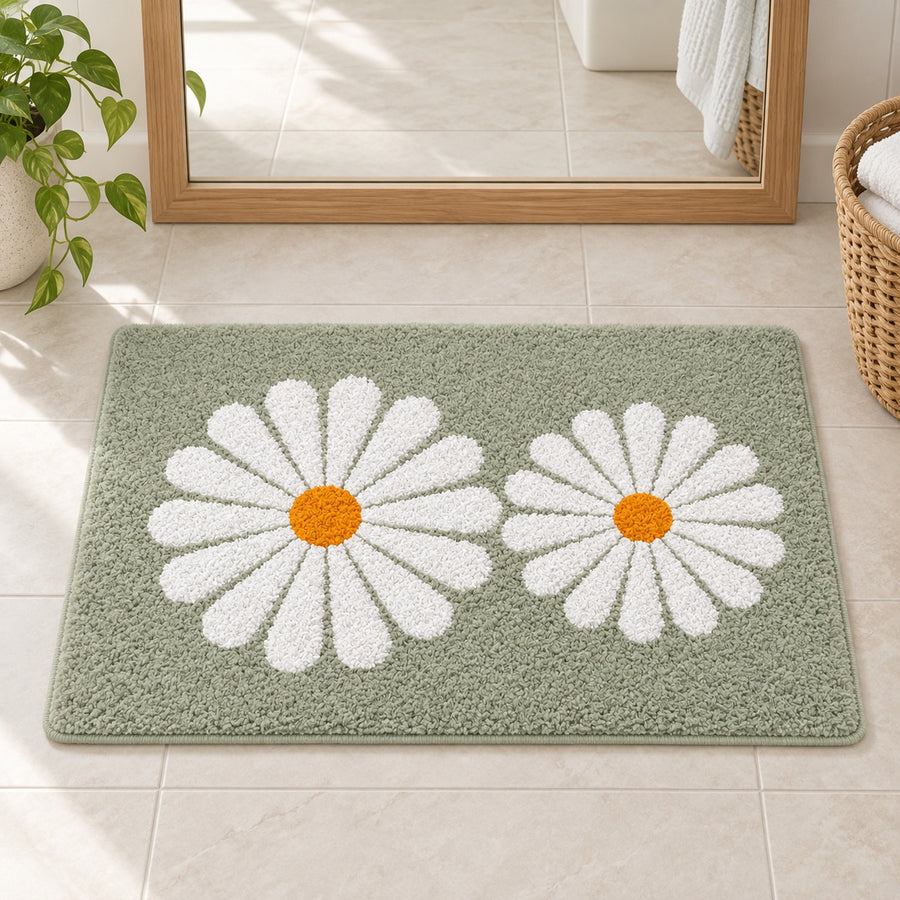 Feblilac Green Daisy Duo tufted bath mat in a bright bathroom with a potted plant