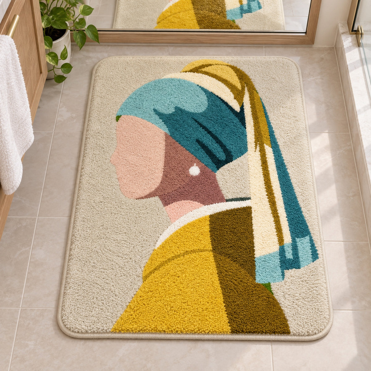 Feblilac Girl with a Pearl Earring tufted bath mat in a sunny bathroom with a potted plant