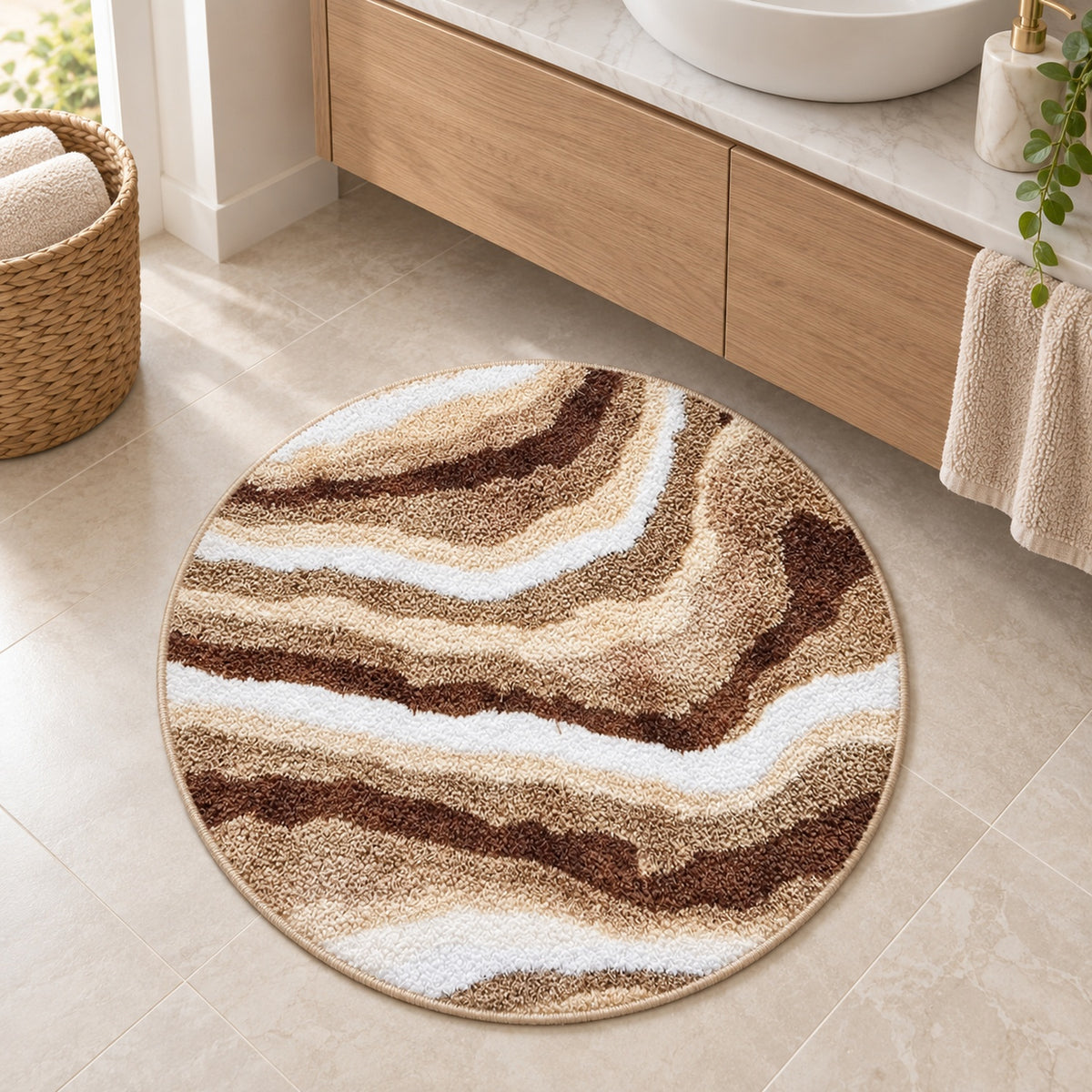 Feblilac Jupiter Marble Round tufted bath mat flat lay on a clean white background