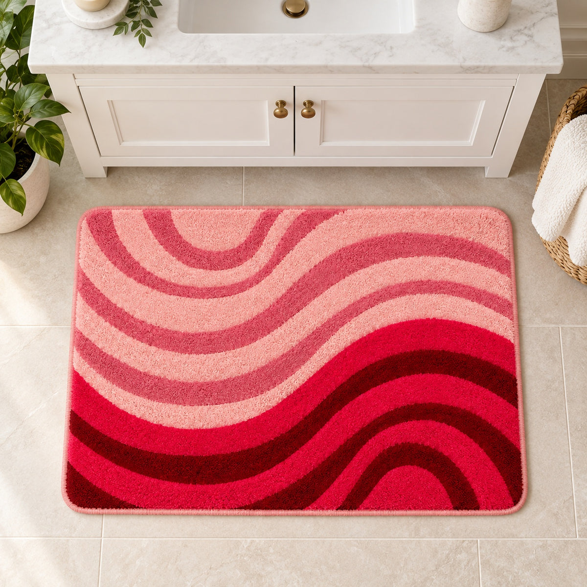 Feblilac Minimal Abstract Curves tufted bath mat styled in a cosy bathroom corner