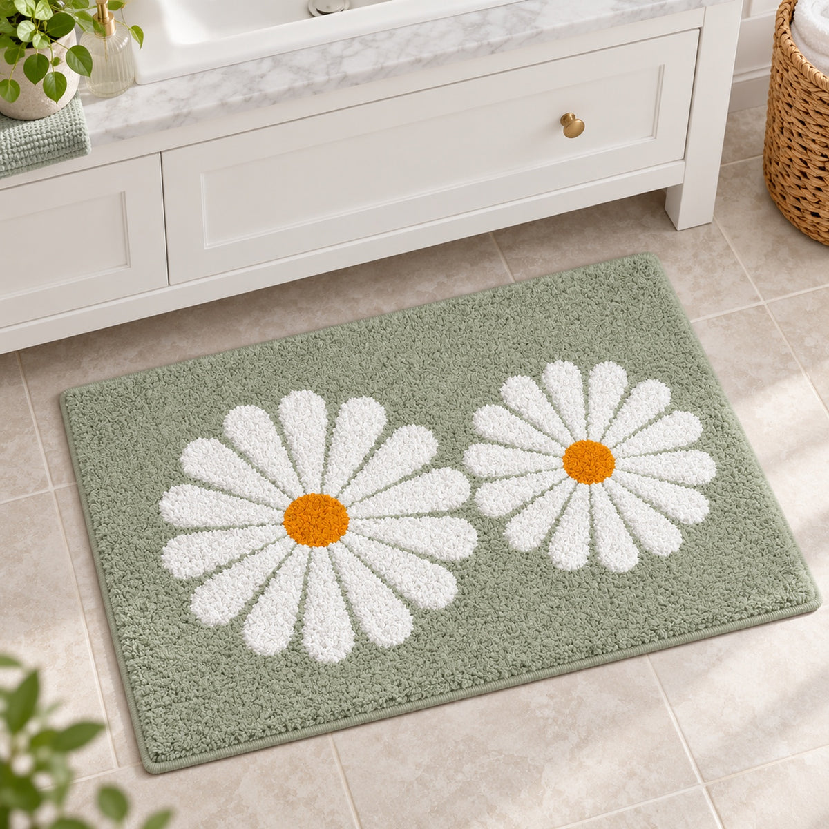 Feblilac Green Daisy Duo tufted bath mat flat lay on a clean white background