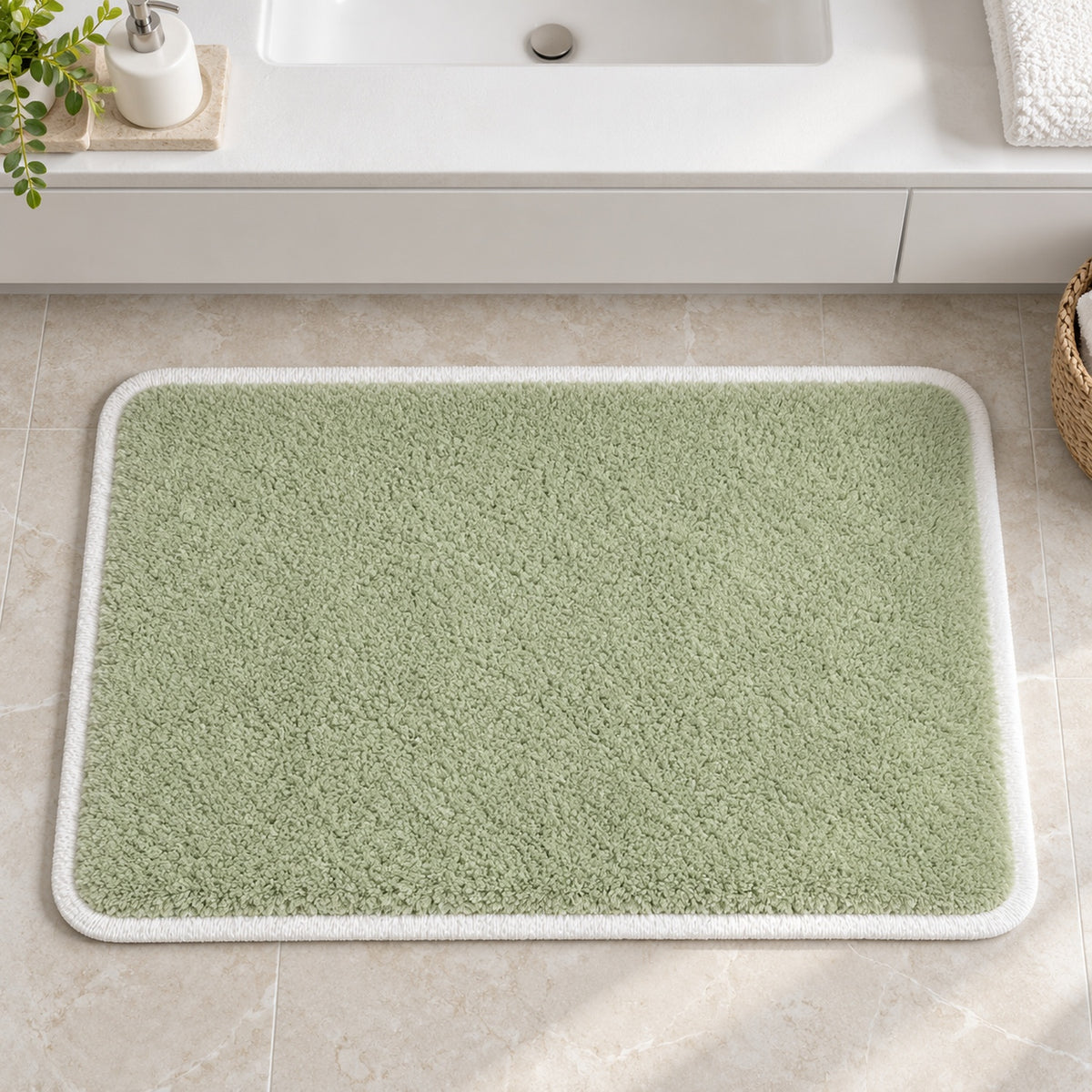 Feblilac Green with White Border tufted bath mat styled in a cosy bathroom corner