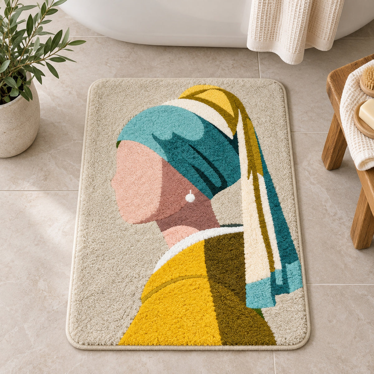 Feblilac Girl with a Pearl Earring tufted bath mat styled in a cosy bathroom corner