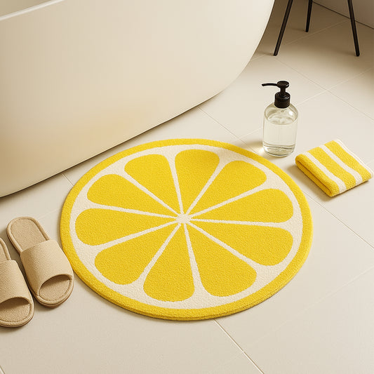 Feblilac Lemon Slice Round Bath Mat – Bright Non-Slip Absorbent Tufted Rug for Bathroom & Kitchen