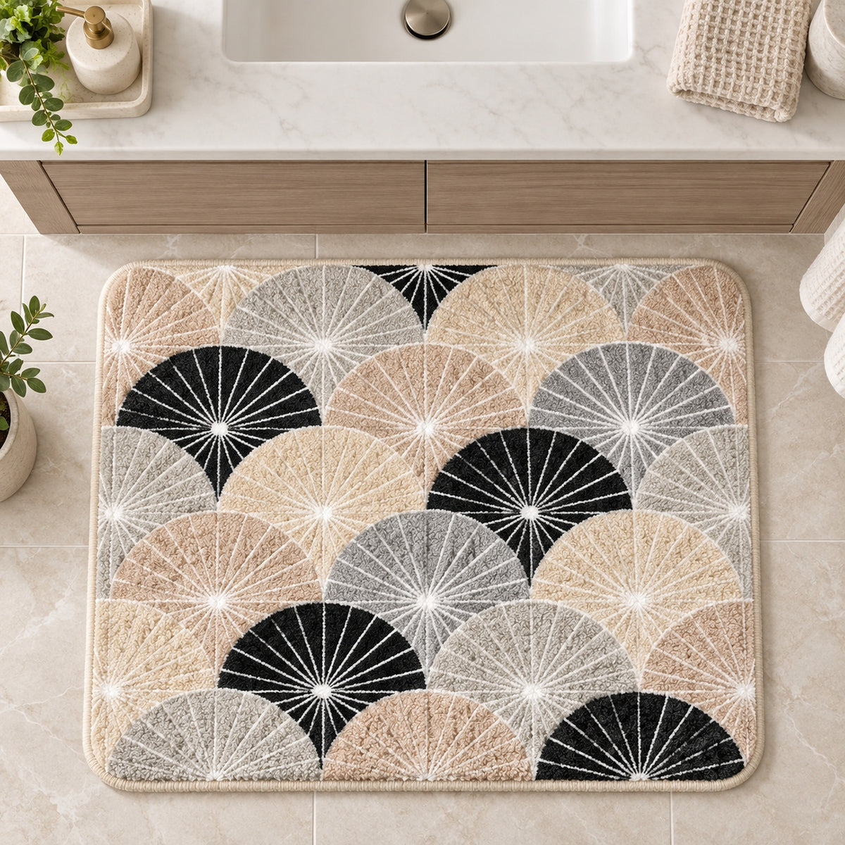 Feblilac Japanese Ginkgo Wave tufted bath mat flat lay on a clean white background