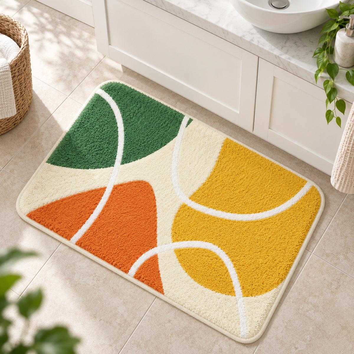 Feblilac Red Yellow Green Abstract Curves tufted bath mat styled in a cosy bathroom corner