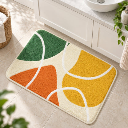 Feblilac Red Yellow Green Abstract Curves tufted bath mat styled in a cosy bathroom corner