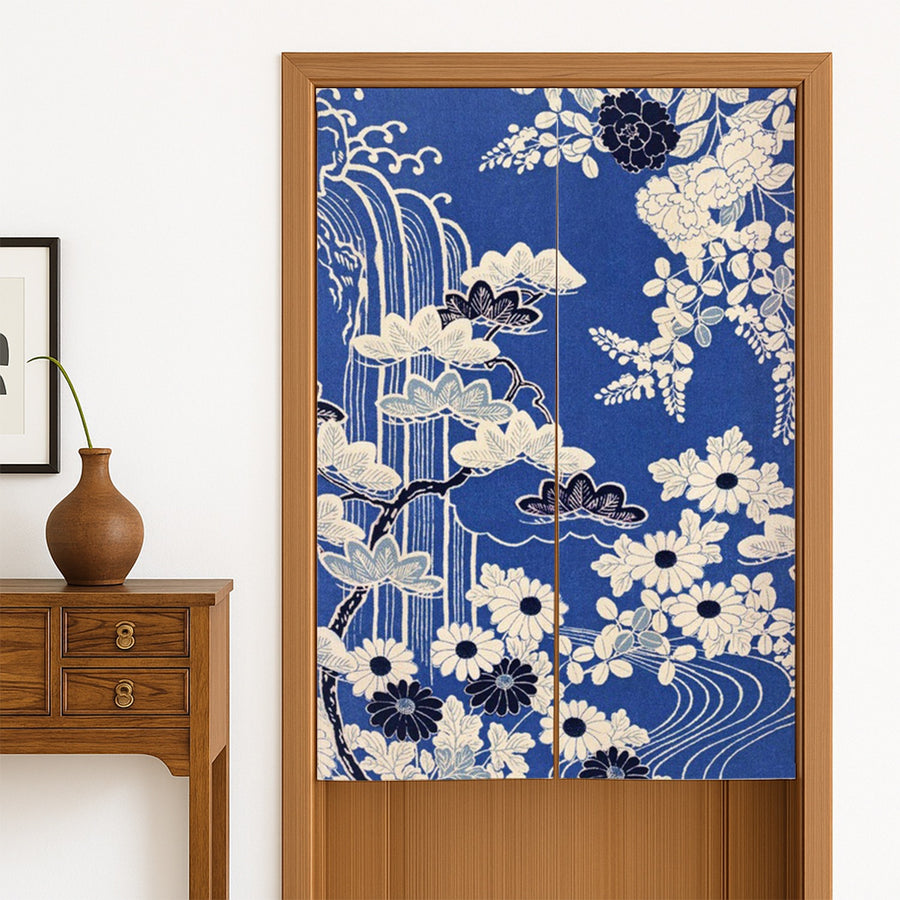 Feblilac Japanese Blue Floral Water Door Curtain