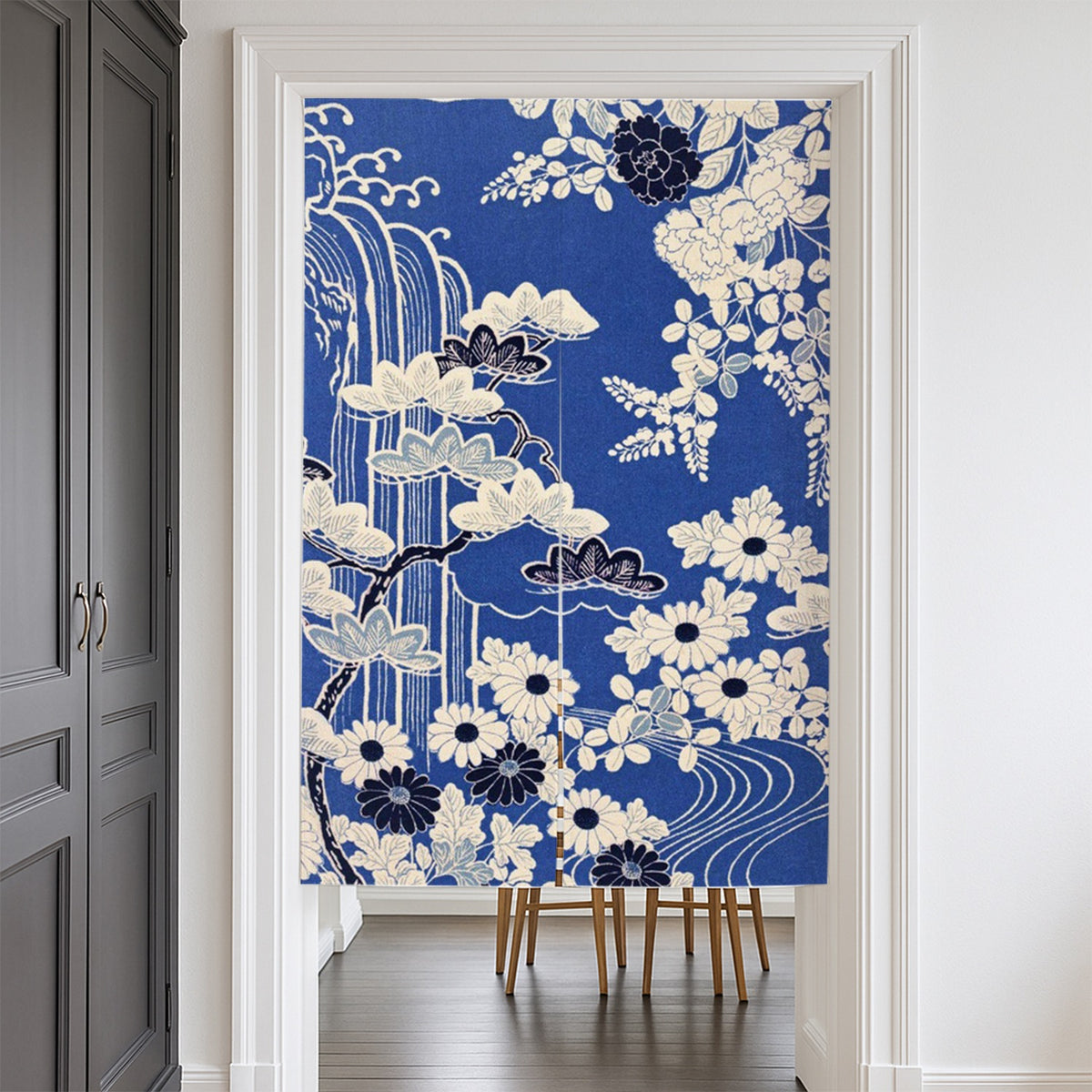 Feblilac Japanese Blue Floral Water Door Curtain
