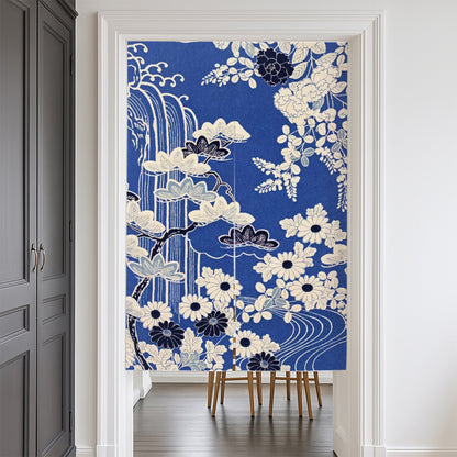 Feblilac Japanese Blue Floral Water Door Curtain