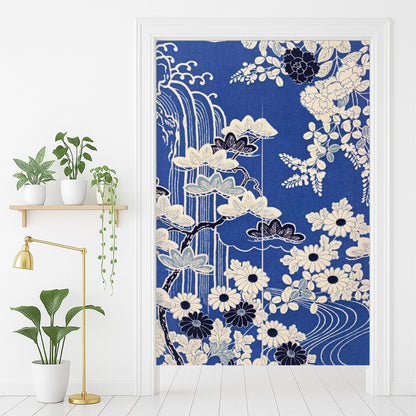 Feblilac Japanese Blue Floral Water Door Curtain