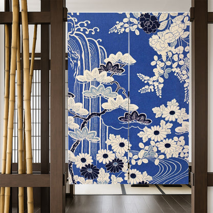 Feblilac Japanese Blue Floral Water Door Curtain