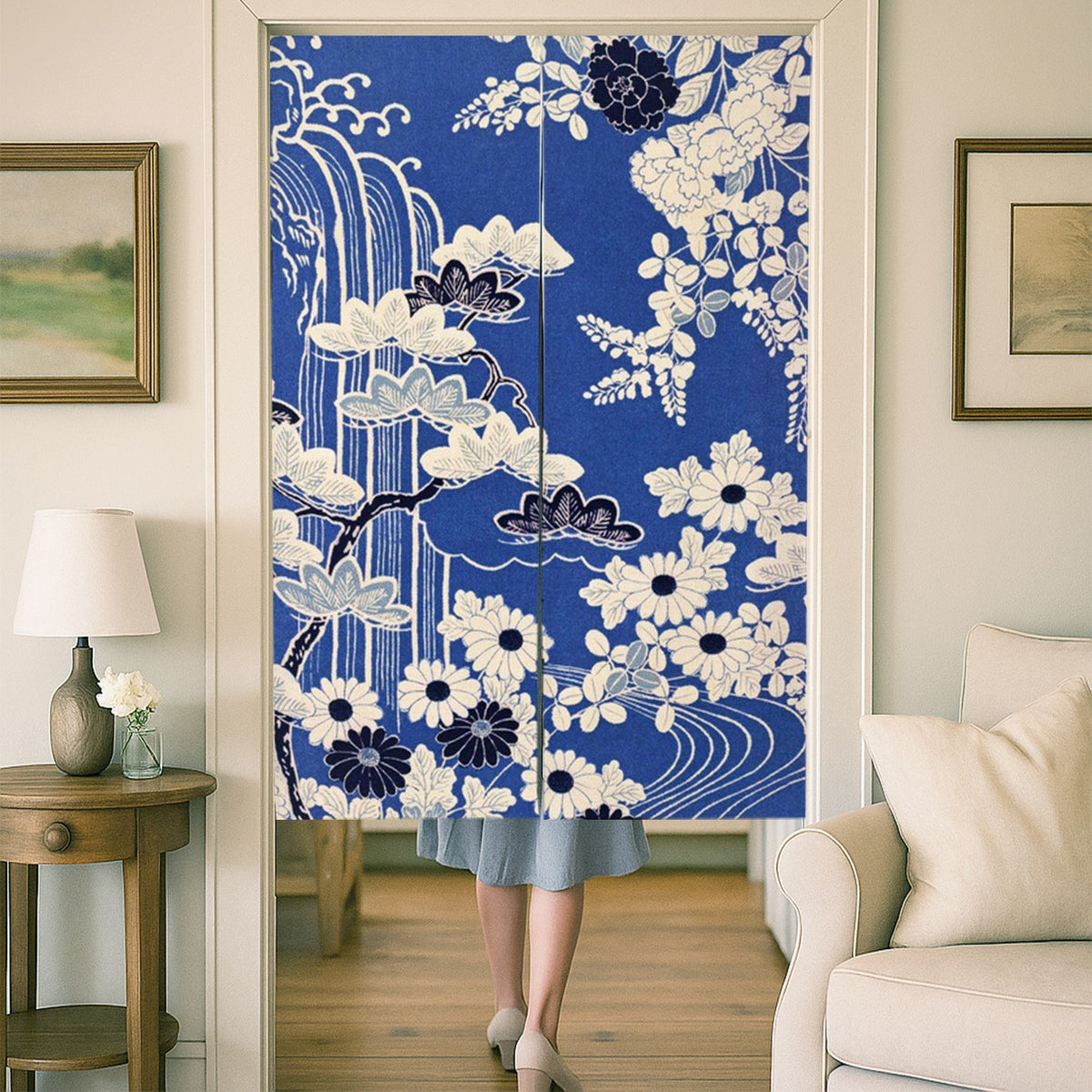 Feblilac Japanese Blue Floral Water Door Curtain