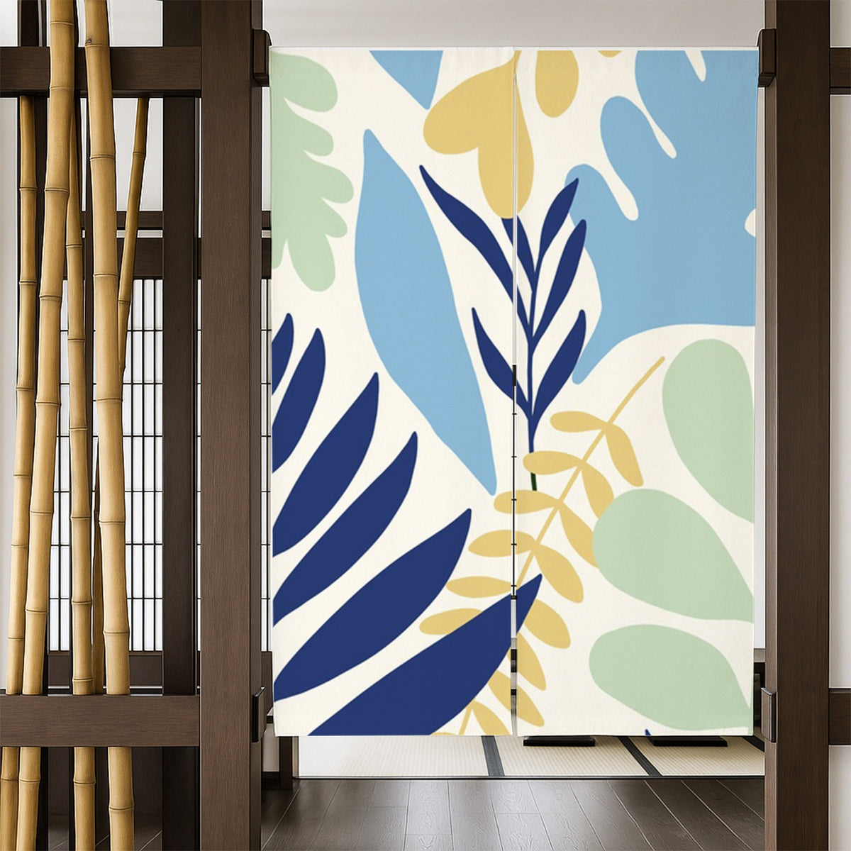Feblilac Blue and Yellow Dancing Leaves Door Curtain