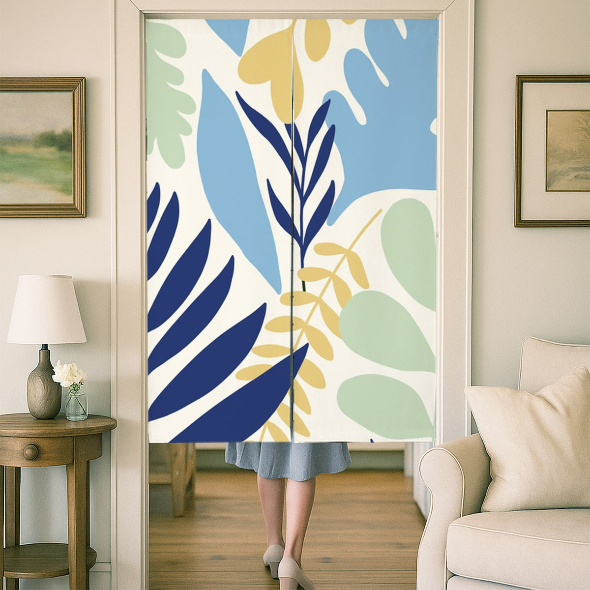Feblilac Blue and Yellow Dancing Leaves Door Curtain