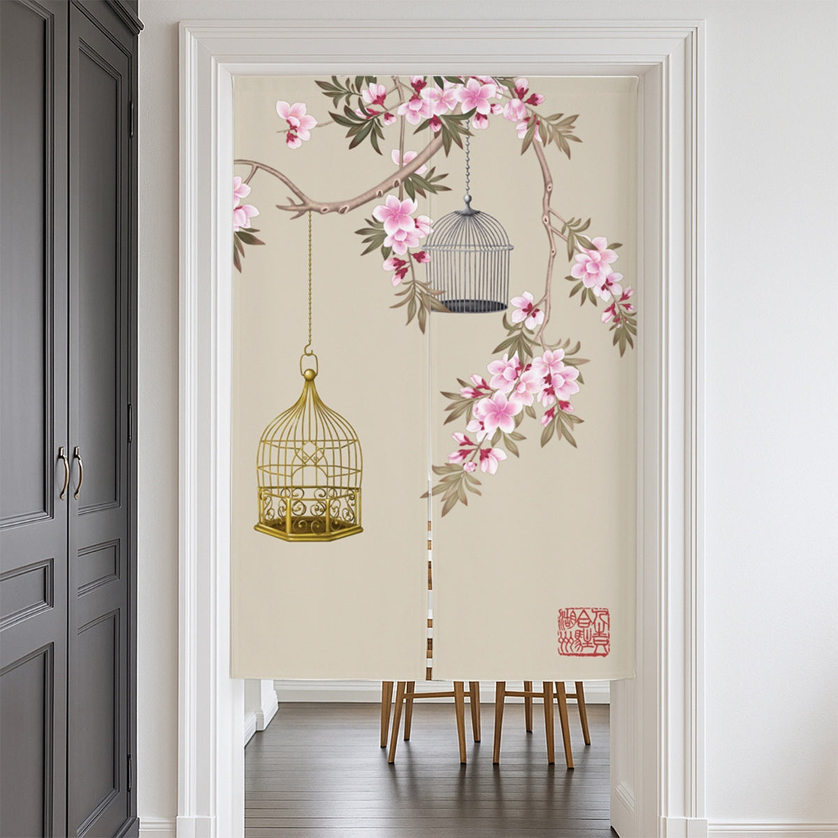 Feblilac Birdcage and Peach Blossom Door Curtain