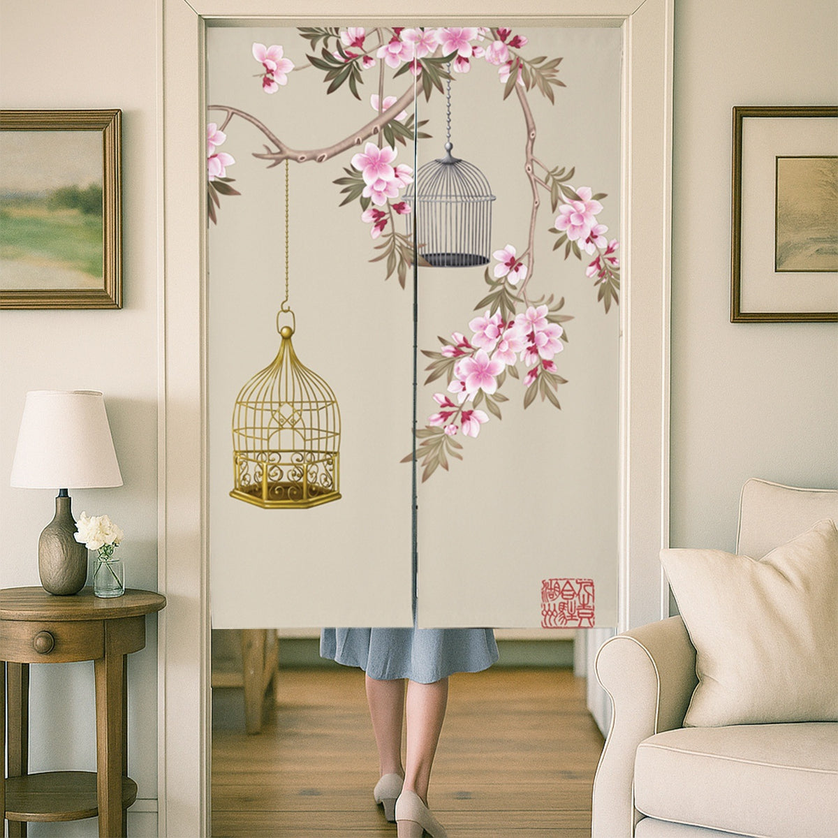 Feblilac Birdcage and Peach Blossom Door Curtain