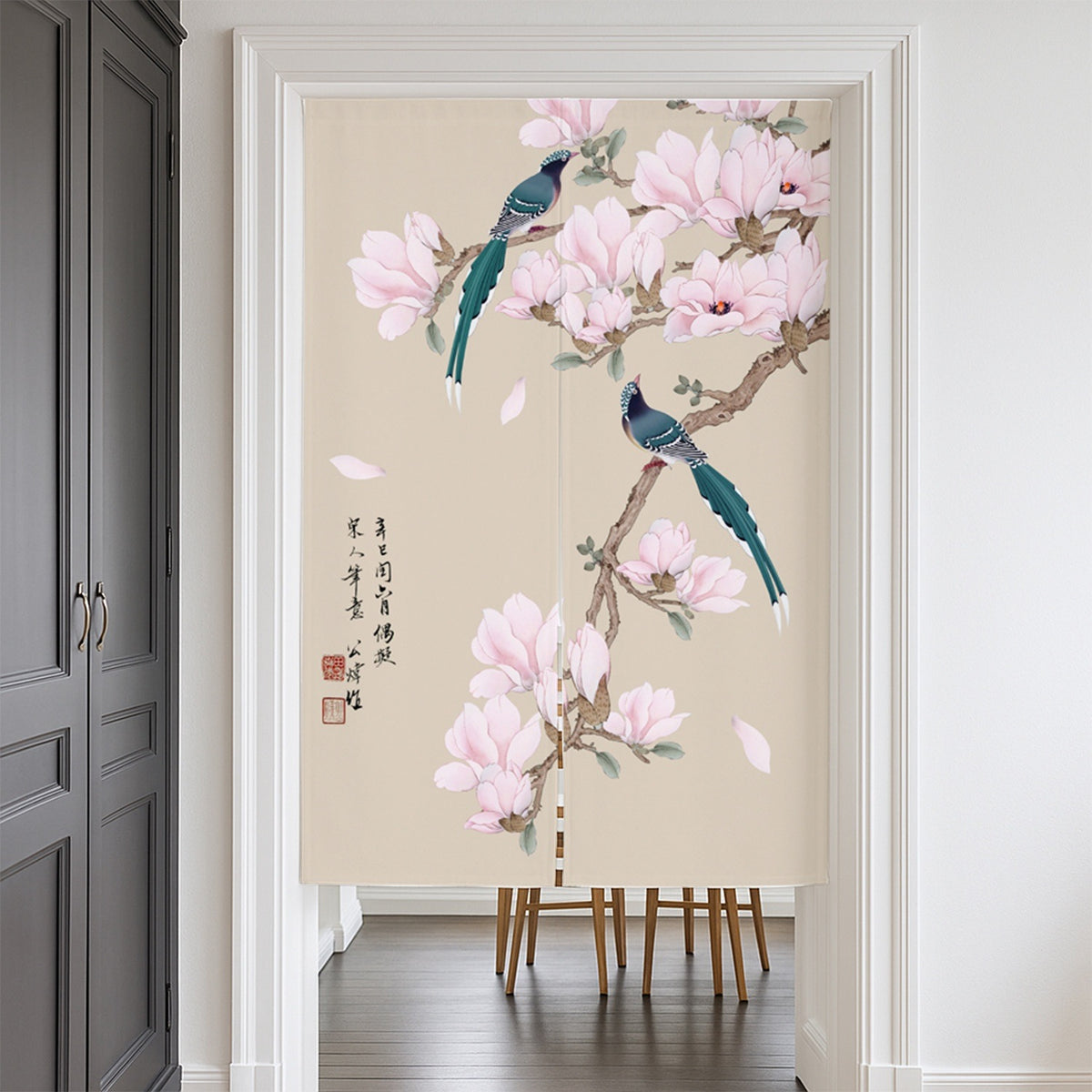 Feblilac Magnolia and Magpie Door Curtain