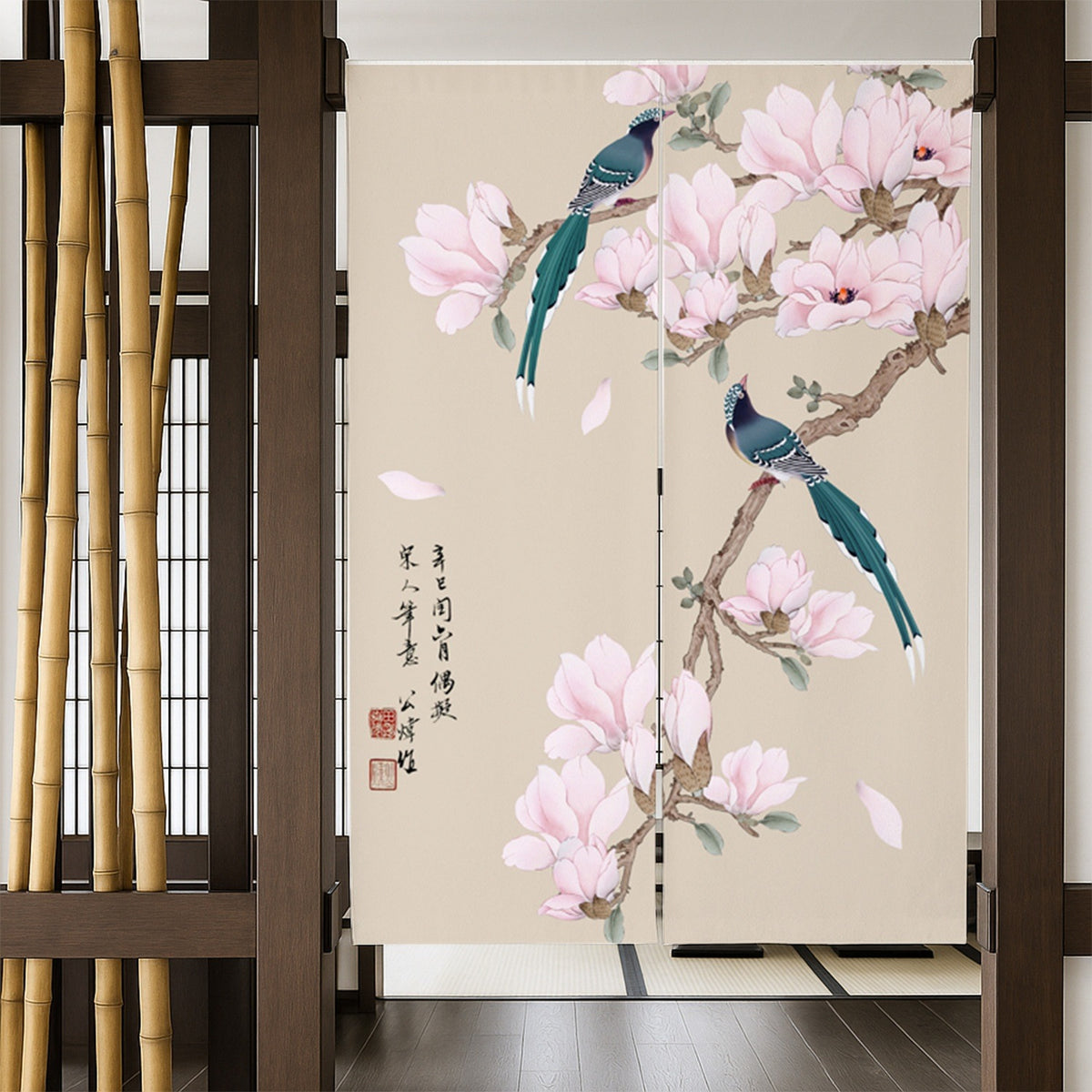 Feblilac Magnolia and Magpie Door Curtain