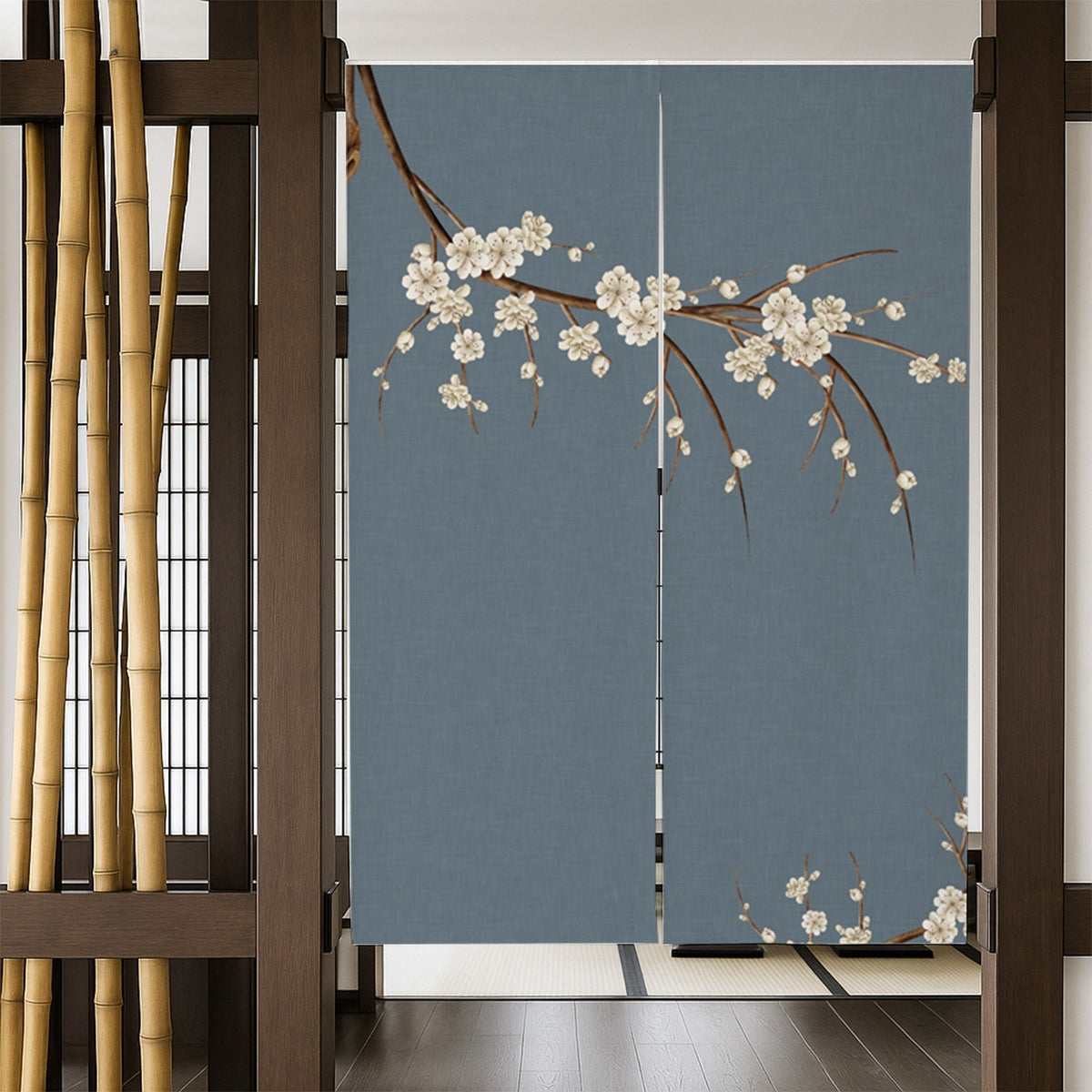 Feblilac Blue Floral Door Curtain