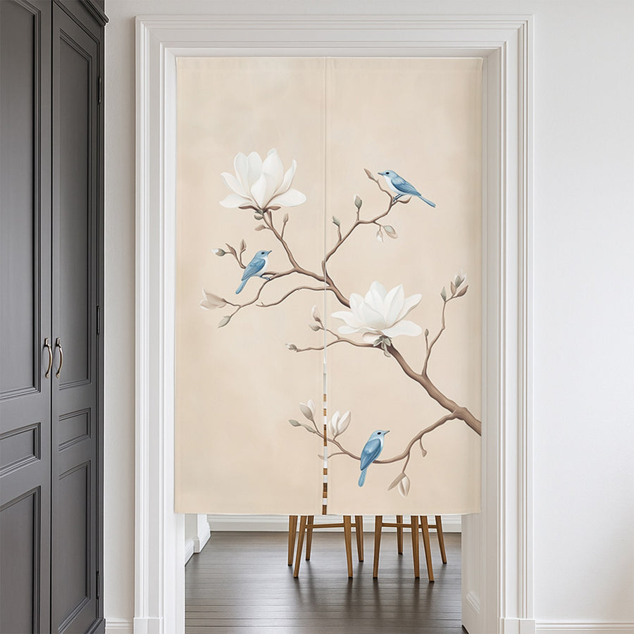 Feblilac Blue Birds and White Flowers Door Curtain