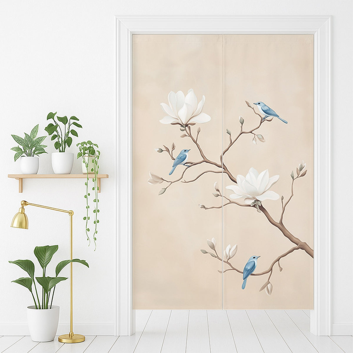 Feblilac Blue Birds and White Flowers Door Curtain
