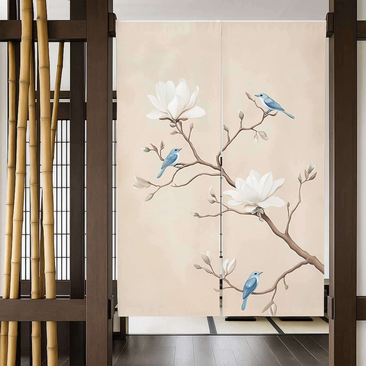 Feblilac Blue Birds and White Flowers Door Curtain